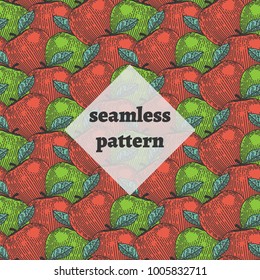 Seamless pattern. Engraved apples. Colorful background.
