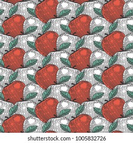 Seamless pattern. Engraved apples. Colorful background.