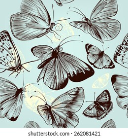 Seamless pattern with engraved butterflies in vintage style