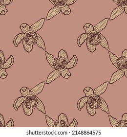 Seamless pattern engraved flower. Vintage background floral in hand drawn style. Spring flowers sketch. Vector repeated color design texture for print, fabric, wrapping, wallpaper, tissue.