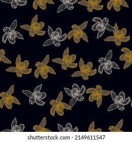 Flor grabada sin foco. Floral de fondo vintage en estilo dibujado a mano. Esbozo de flores de primavera. Textura de diseño de color repetida vectorial para impresión, tela, envoltura, papel pintado, tejido.