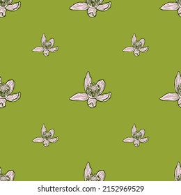 Seamless pattern engraved flower. Vintage background floral in hand drawn style. Spring flowers sketch. Vector repeated color design texture for print, fabric, wrapping, wallpaper, tissue.