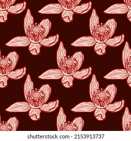 Seamless pattern engraved flower. Vintage background floral in hand drawn style. Spring flowers sketch. Vector repeated color design texture for print, fabric, wrapping, wallpaper, tissue.