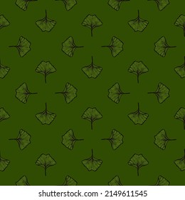 Seamless pattern engraved leaves Ginkgo Biloba. Vintage background botanical with foliage in hand drawn style. Vector repeated color design texture for print, fabric, wrapping, wallpaper, tissue.