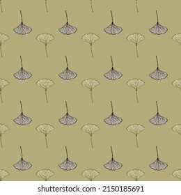 Seamless pattern engraved leaves Ginkgo Biloba. Vintage background botanical with foliage in hand drawn style. Vector repeated color design texture for print, fabric, wrapping, wallpaper, tissue.