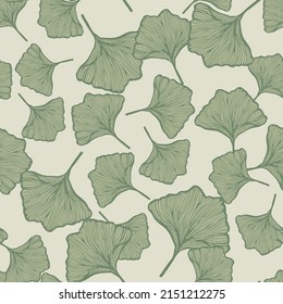 Seamless pattern engraved leaves Ginkgo Biloba. Vintage background botanical with foliage in hand drawn style. Vector repeated color design texture for print, fabric, wrapping, wallpaper, tissue.