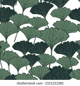 Seamless pattern engraved leaves Ginkgo Biloba. Vintage background botanical with foliage in hand drawn style. Vector repeated color design texture for print, fabric, wrapping, wallpaper, tissue.