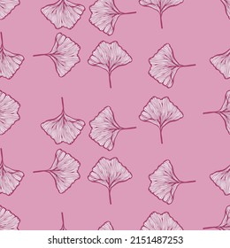 Seamless pattern engraved leaves Ginkgo Biloba. Vintage background botanical with foliage in hand drawn style. Vector repeated color design texture for print, fabric, wrapping, wallpaper, tissue.