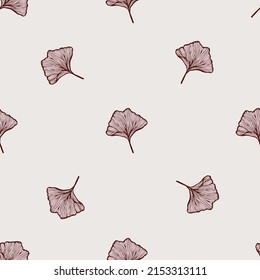 Seamless pattern engraved leaves Ginkgo Biloba. Vintage background botanical with foliage in hand drawn style. Vector repeated color design texture for print, fabric, wrapping, wallpaper, tissue.