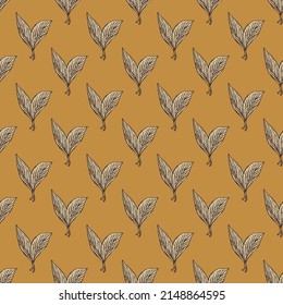 Seamless pattern engraved leaves. Vintage background of tea leaf in hand drawn style. Vector repeated color design texture for print, fabric, wrapping, wallpaper, tissue.