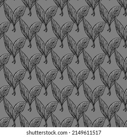 Seamless pattern engraved leaves. Vintage background of tea leaf in hand drawn style. Vector repeated color design texture for print, fabric, wrapping, wallpaper, tissue.