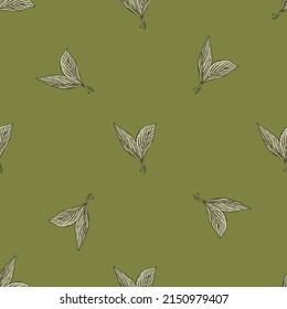 Seamless pattern engraved leaves. Vintage background of tea leaf in hand drawn style. Vector repeated color design texture for print, fabric, wrapping, wallpaper, tissue.