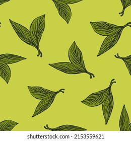 Hojas grabadas con un patrón sin foco. Fondo vintage de la hoja de té con estilo dibujado a mano. Textura de diseño de color repetida vectorial para impresión, tela, envoltura, papel pintado, tejido.