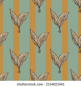 Seamless pattern engraved leaves. Vintage background of tea leaf in hand drawn style. Vector repeated color design texture for print, fabric, wrapping, wallpaper, tissue.