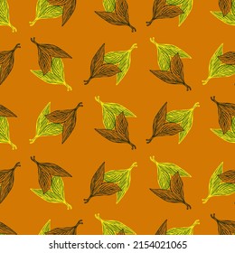 Hojas grabadas con un patrón sin foco. Fondo vintage de la hoja de té con estilo dibujado a mano. Textura de diseño de color repetida vectorial para impresión, tela, envoltura, papel pintado, tejido.