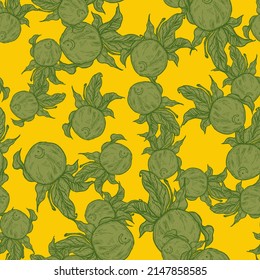 Seamless pattern engraved lemon on twig with leaves. Vintage background citrus fruit on branch in hand drawn style. Vector repeated color design texture for print, fabric, wrapping, wallpaper, tissue.