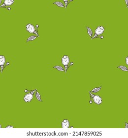 Seamless pattern engraved lemon on branch with leaves. Vintage background lime growing on twig in hand drawn style. Vector repeated color design texture for print, fabric, wrapping, wallpaper, tissue.