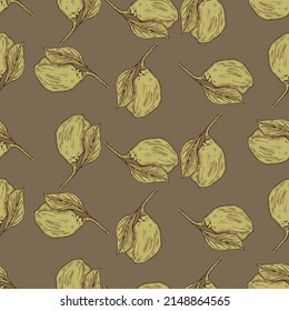 Seamless pattern engraved lemon on branch with leaves. Vintage background lime growing on twig in hand drawn style. Vector repeated color design texture for print, fabric, wrapping, wallpaper, tissue.