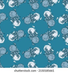 Seamless pattern engraved lemon on twig with leaves. Vintage background citrus fruit on branch in hand drawn style. Vector repeated color design texture for print, fabric, wrapping, wallpaper, tissue.