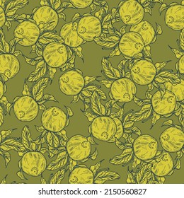 Seamless pattern engraved lemon on twig with leaves. Vintage background citrus fruit on branch in hand drawn style. Vector repeated color design texture for print, fabric, wrapping, wallpaper, tissue.