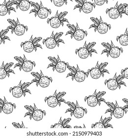 Seamless pattern engraved lemon on twig with leaves. Vintage background citrus fruit on branch in hand drawn style. Vector repeated color design texture for print, fabric, wrapping, wallpaper, tissue.