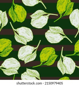 Seamless pattern engraved lemon on branch with leaves. Vintage background lime growing on twig in hand drawn style. Vector repeated color design texture for print, fabric, wrapping, wallpaper, tissue.