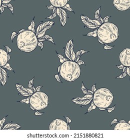 Seamless pattern engraved lemon on twig with leaves. Vintage background citrus fruit on branch in hand drawn style. Vector repeated color design texture for print, fabric, wrapping, wallpaper, tissue.