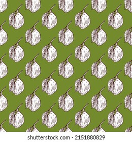 Seamless pattern engraved lemon on branch with leaves. Vintage background lime growing on twig in hand drawn style. Vector repeated color design texture for print, fabric, wrapping, wallpaper, tissue.
