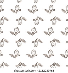Seamless pattern engraved lemon on branch with leaves. Vintage background lime growing on twig in hand drawn style. Vector repeated color design texture for print, fabric, wrapping, wallpaper, tissue.