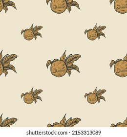 Seamless pattern engraved lemon on twig with leaves. Vintage background citrus fruit on branch in hand drawn style. Vector repeated color design texture for print, fabric, wrapping, wallpaper, tissue.