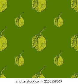 Patrón sin foco de limón grabado en rama con hojas. La cal de fondo de la cosecha de vintage crece en la rama con estilo dibujado a mano. Textura de diseño de color repetida vectorial para impresión, tela, envoltura, papel pintado, tejido.