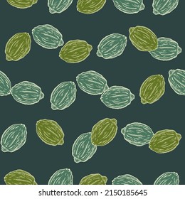 Seamless pattern engraved lemons. Vintage background citrus fruit in hand drawn style. Whole lemon or lime sketch. Vector repeated color design texture for print, fabric, wrapping, wallpaper, tissue.
