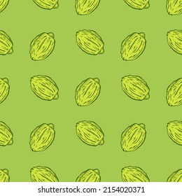 Seamless pattern engraved lemons. Vintage background citrus fruit in hand drawn style. Whole lemon or lime sketch. Vector repeated color design texture for print, fabric, wrapping, wallpaper, tissue.