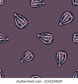 Seamless pattern engraved seeds. Vintage background plants kernels in hand drawn style. Botanical sketch. Vector repeated color design texture for print, fabric, wrapping, wallpaper, tissue.