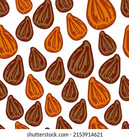 Seamless pattern engraved seeds. Vintage background plants kernels in hand drawn style. Botanical sketch. Vector repeated color design texture for print, fabric, wrapping, wallpaper, tissue.