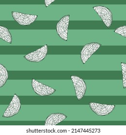 Seamless pattern engraved slice lemon. Vintage background piece lemon or lime in hand drawn style. Vector repeated color design texture for print, fabric, wrapping, wallpaper, tissue.