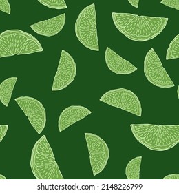 Seamless pattern engraved slice lemon. Vintage background piece lemon or lime in hand drawn style. Vector repeated color design texture for print, fabric, wrapping, wallpaper, tissue.