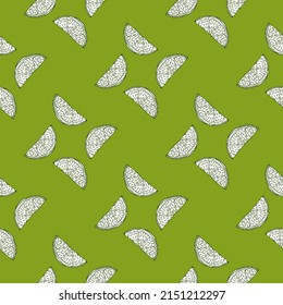 Seamless pattern engraved slice lemon. Vintage background piece lemon or lime in hand drawn style. Vector repeated color design texture for print, fabric, wrapping, wallpaper, tissue.