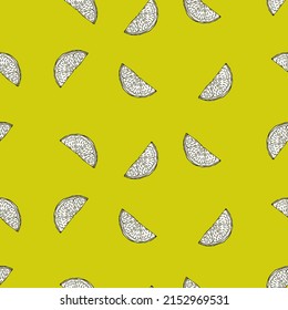 Seamless pattern engraved slice lemon. Vintage background piece lemon or lime in hand drawn style. Vector repeated color design texture for print, fabric, wrapping, wallpaper, tissue.