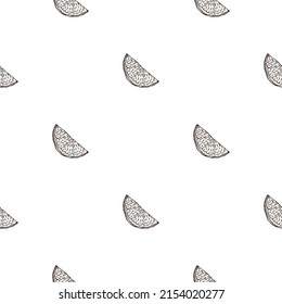 Seamless pattern engraved slice lemon. Vintage background piece lemon or lime in hand drawn style. Vector repeated color design texture for print, fabric, wrapping, wallpaper, tissue.