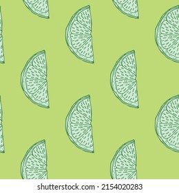 Seamless pattern engraved slice lemon. Vintage background piece lemon or lime in hand drawn style. Vector repeated color design texture for print, fabric, wrapping, wallpaper, tissue.