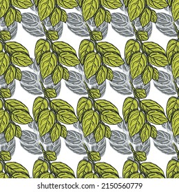 Seamless pattern engraved tree branches. Vintage background summer twigs in hand drawn style. Vector repeated color design texture for print, fabric, wrapping, wallpaper, tissue.