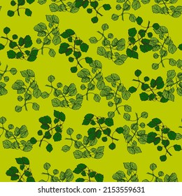 Seamless pattern engraved tree branches. Vintage background summer twigs in hand drawn style. Vector repeated color design texture for print, fabric, wrapping, wallpaper, tissue.