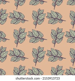 Seamless pattern engraved tree branches. Vintage background summer twigs in hand drawn style. Vector repeated color design texture for print, fabric, wrapping, wallpaper, tissue.