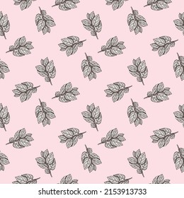 Seamless pattern engraved tree branches. Vintage background summer twigs in hand drawn style. Vector repeated color design texture for print, fabric, wrapping, wallpaper, tissue.