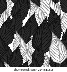 Seamless pattern engraved tree leaves. Vintage background botanical with foliage in hand drawn style. Repeated color design texture for print, fabric, wrapping, wallpaper, tissue. Vector illustration.