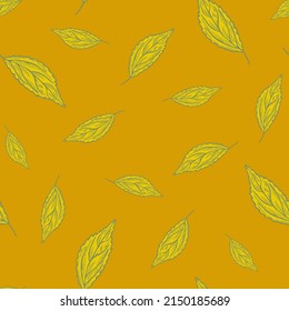 Seamless pattern engraved tree leaves. Vintage background botanical with foliage in hand drawn style. Repeated color design texture for print, fabric, wrapping, wallpaper, tissue. Vector illustration.