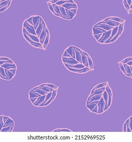 Seamless pattern engraved tree leaves. Vintage background botanical with foliage in hand drawn style. Vector repeated color design texture for print, fabric, wrapping, wallpaper, tissue.