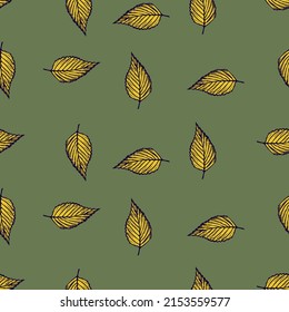 Seamless pattern engraved tree leaves. Vintage background botanical with foliage in hand drawn style. Repeated color design texture for print, fabric, wrapping, wallpaper, tissue. Vector illustration.
