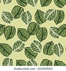 Seamless pattern engraved tree leaves. Vintage background botanical with foliage in hand drawn style. Vector repeated color design texture for print, fabric, wrapping, wallpaper, tissue.